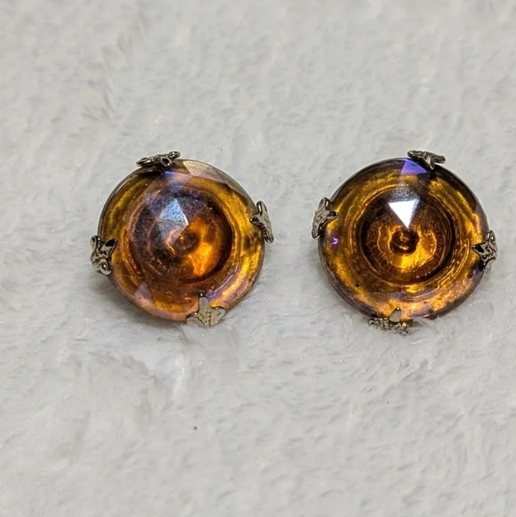 Vintage Vogue Amber Carnival Glass Button Clip Earrings - Picture 8 of 8